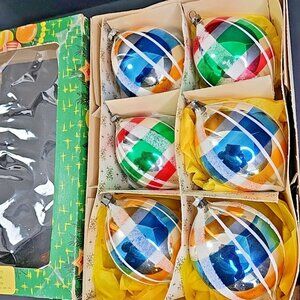 Large East Germany Christmas Ornament 6pc Baubles Oblong Mercury Glass 4" X 2.5"